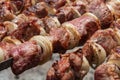 Close up of cooked meat, barbecue, kebab