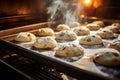 close-up of cookies on baking sheet in a warm oven light Royalty Free Stock Photo