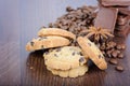 Close up cookies, coffee beans and chocolate