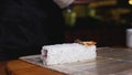 Close-up cooking rice sushi roll. Frame. Close-up of chef of oriental cuisine in gloves preparing sushi rolls. Chef puts Royalty Free Stock Photo