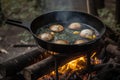 close-up of cooking skillet, with sizzling and popping sounds as eggs are cooked over campfire