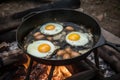 close-up of cooking skillet, with sizzling and popping sounds as eggs are cooked over campfire