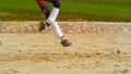 CLOSE UP: Cool shot of brown horses bandaged legs as it canters past the camera. Royalty Free Stock Photo