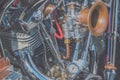 Close-up, cooling system and engine retro motorcycle Royalty Free Stock Photo