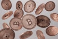 Close up of copper bitcoins tossed into the air as example for blockchain and crypto-currency concept