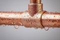 Copper plumbing pipe joint showing water droplets on its surface indicating moisture or condensation with a grey background in a Royalty Free Stock Photo