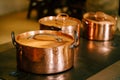 Close-up of copper pots with closed lids on an antique burner stove.