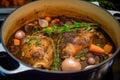 Close-up of Coq au Vin simmering in a Dutch oven with a bouquet garni, surrounded by fresh herbs and spices