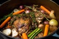 Close-up of Coq au Vin simmering in a Dutch oven with a bouquet garni, surrounded by fresh herbs and spices