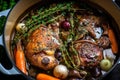 Close-up of Coq au Vin simmering in a Dutch oven with a bouquet garni, surrounded by fresh herbs and spices