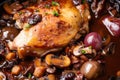 Close-up of Coq au Vin with tender chicken, mushrooms, and pearl onions in a rich red wine sauce, topped with crispy bacon