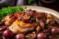 Close-up of Coq au Vin with tender chicken, mushrooms, and pearl onions in a rich red wine sauce, topped with crispy bacon