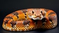 Close up of Corn snake or Pantherophis guttatus or sometimes called red rat snake studio shot looking at the camera