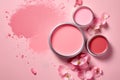 Close-up of cosmetic items on pink background