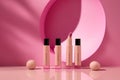 Close-up of cosmetic items on pink background