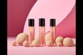 Close-up of cosmetic items on pink background