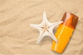 Close-up of cosmetic product bottle. sun care Royalty Free Stock Photo
