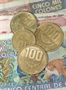 Close up of costa rican money colones coins and ba