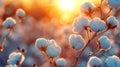 Close-up cotton field background in sunrise. Cotton flowers