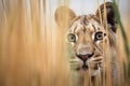 close-up of a cougar in tall grass, eyes locked on an unseen target