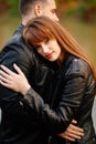 Close up. couple hug in autumn park near river Royalty Free Stock Photo