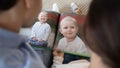 Close up couple looking on childhood pictures, holding photo album Royalty Free Stock Photo