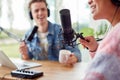 Close Up Of Couple Recording Podcast Or Broadcasting Interview On Radio In Studio At Home Royalty Free Stock Photo