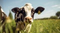 Close-up of a cow muzzle. Green meadow on blurred background