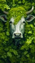 Close up of cow's face surrounded by green plants and leaves. Generative AI Royalty Free Stock Photo