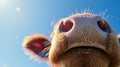 Close-up of a cow\'s nose against a clear blue sky