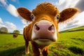 Close up of cow's face in field of grass. Generative AI Royalty Free Stock Photo