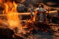 close-up of cowboy coffee pot on campfire Royalty Free Stock Photo