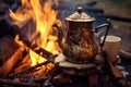 close-up of cowboy coffee pot on open campfire