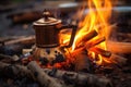 close-up of cowboy coffee pot on open campfire Royalty Free Stock Photo