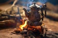 close-up of cowboy coffee pot over campfire flames Royalty Free Stock Photo