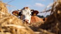 Close up of cows and stud bulls grazing on grass in a field. eating hay and silage. breeds include speckle park, murray