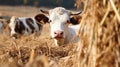 Close up of cows and stud bulls grazing on grass in a field. eating hay and silage. breeds include speckle park, murray