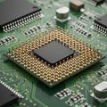 Close-up of CPU chip on green computer motherboard circuit Royalty Free Stock Photo
