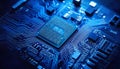 Close up of cpu microchip on motherboard, illuminating the core of computing. AI Generated Royalty Free Stock Photo