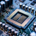 Close-up of CPU socket on motherboard with electronic components around it. Royalty Free Stock Photo