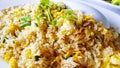 Close up crab meat fried rice with egg and sliced coriander topping on white dish or plate. Royalty Free Stock Photo