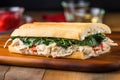 close-up of a crab meat sandwich on a wooden platter Royalty Free Stock Photo