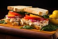 close-up of a crab meat sandwich on a wooden platter Royalty Free Stock Photo