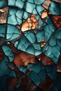 a close up of a cracked blue and orange wall