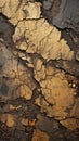a close up of a cracked dirty surface with gold paint on it