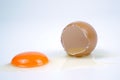 Cracked egg, eggshell with yolk isolated on white background Royalty Free Stock Photo