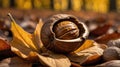 Autumnal Walnut Shell Open on Fallen Leaves Royalty Free Stock Photo