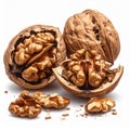 Close Up of Cracked Walnuts on White Background with Detailed Shell and Nut Texture Royalty Free Stock Photo
