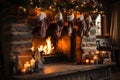 A close-up of a crackling fireplace, with stockings hung by the chimney and a comfortable chair for a cozy Christmas evening.