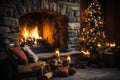 A close-up of a crackling fireplace, with stockings hung by the chimney and a comfortable chair for a cozy Christmas evening.